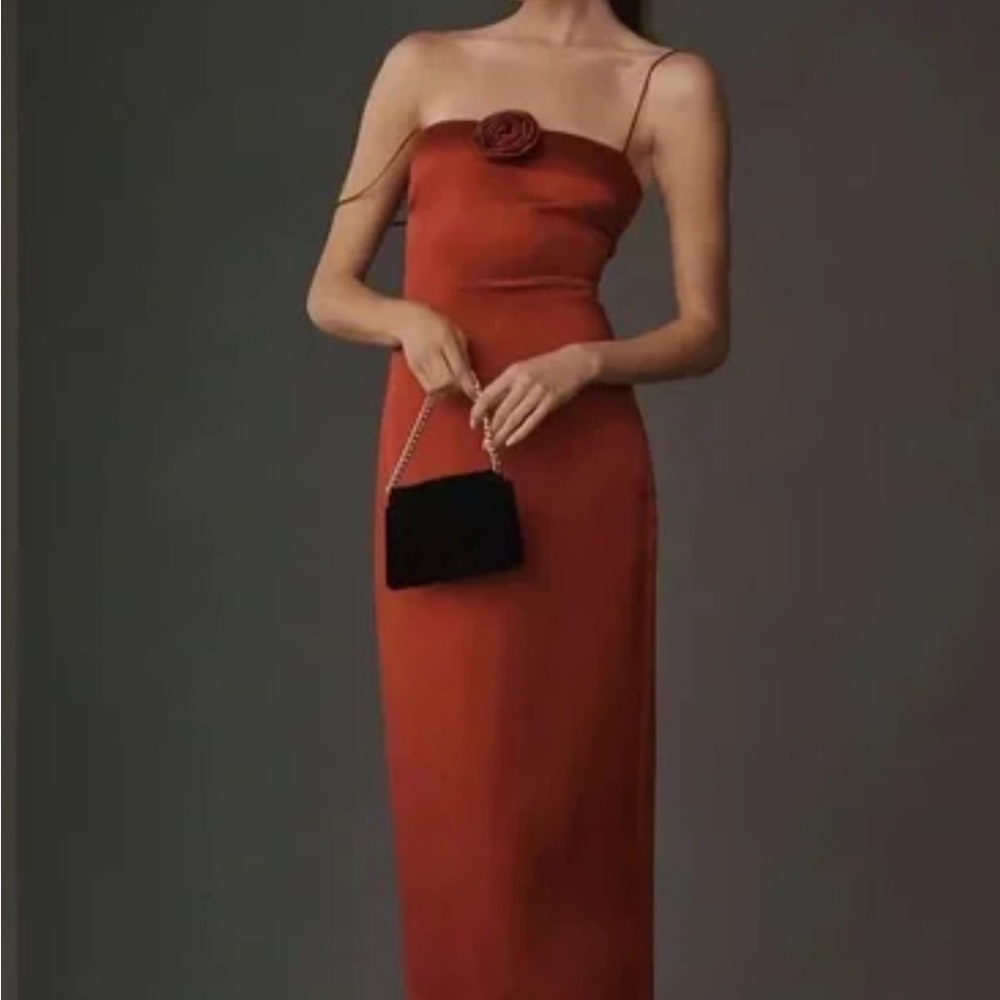 Reformation Rust Red Strapless Maxi Dress with Rose Detail